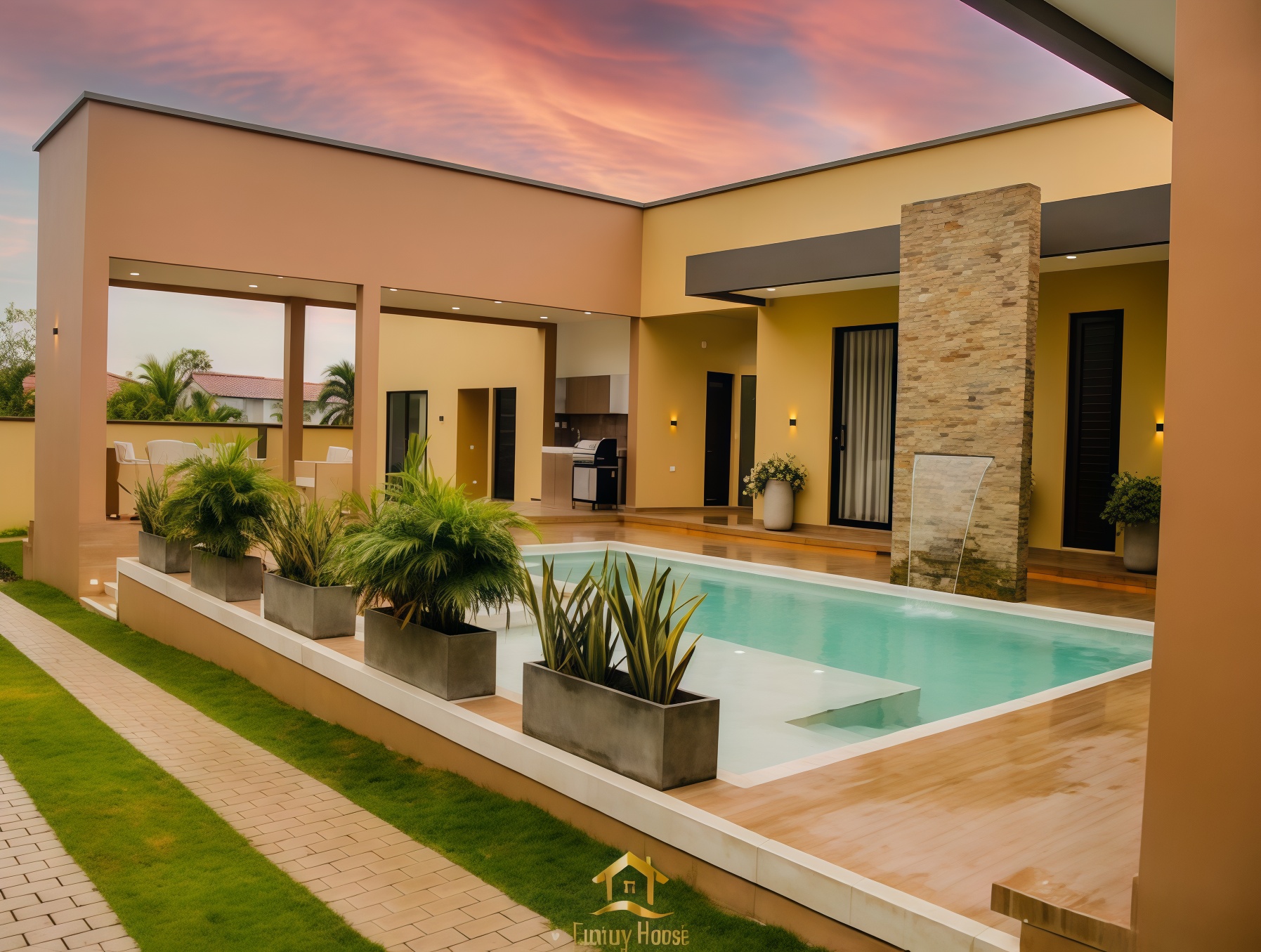 Vista principal de la piscina y cabaña Luxury House